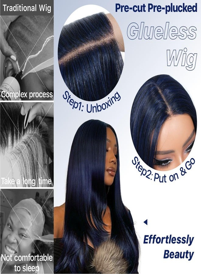 BrownBomb Dark Blue Wear and Go Glueless Wigs Pre Plucked Pre Cut for Beginners Synthetic Lace Front Wig for Woman Long layered Straight Wigs with Bangs 26 Inch 3 Seconds to Wear for Beginners - Image 4